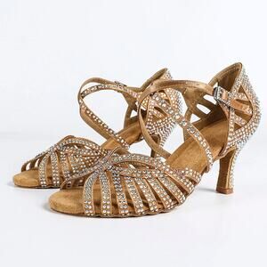 Dance & Sway Rhinestone Latin Ballroom Dance Shoes Tan Salsa Heels Women 8.5